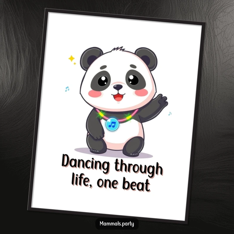 Funny Free Printable Wall Art: A kawaii panda wearing a flashing necklace, bopping its head to an imaginary beat. Energetic downloadable.