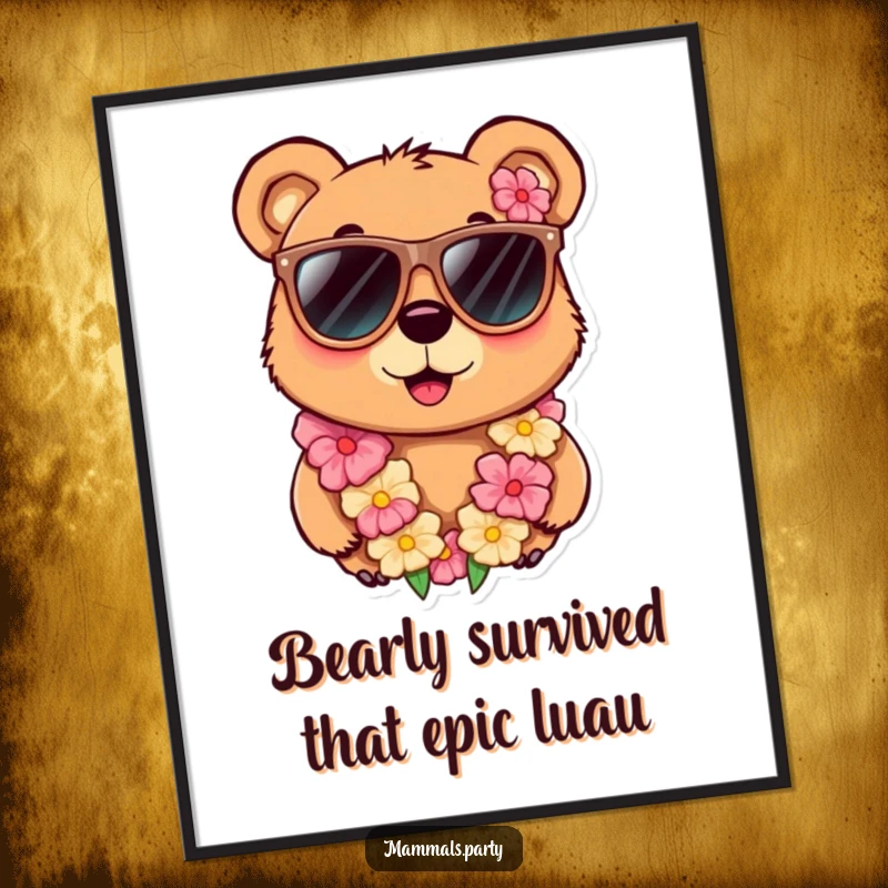 Funny Free Printable Wall Art: Curious bear wearing oversized sunglasses and a lei, relaxing, humorous decor.