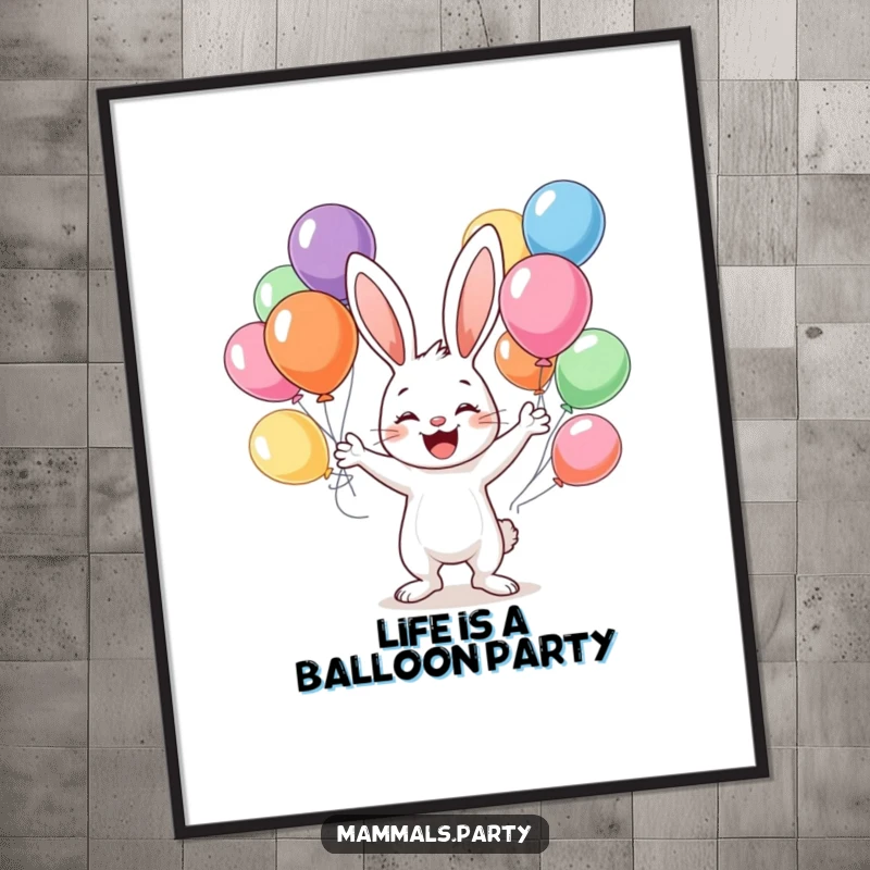 Funny Free Printable Wall Art: an adorable bunny masterfully juggling an assortment of bright, colorful balloons, full of life.