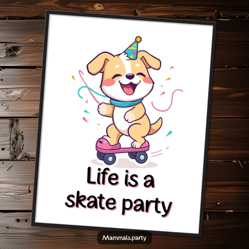 Funny Free Printable Wall Art: A delighted dog wearing a party streamer, enthusiastically riding a roller skate.