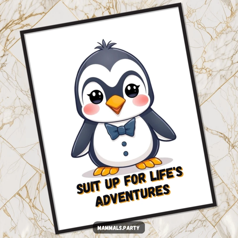 Funny free printable wall art of an energetic penguin character impeccably dressed in a tiny tuxedo, looking sharp and ready for anything, digital art.