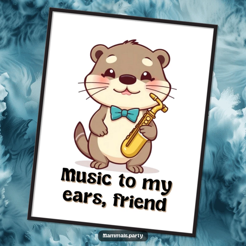 Funny Free Printable Wall Art of a sophisticated otter in a bowtie, passionately playing a small saxophone.