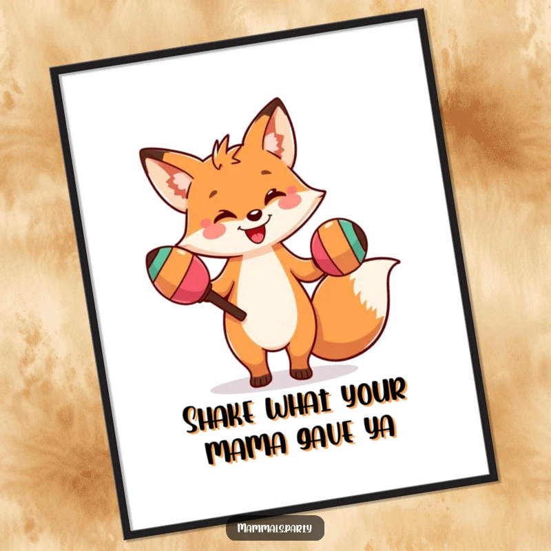 Funny Free Printable Wall Art: a cheerful fox performing a silly dance holding oversized maracas, full of energy.