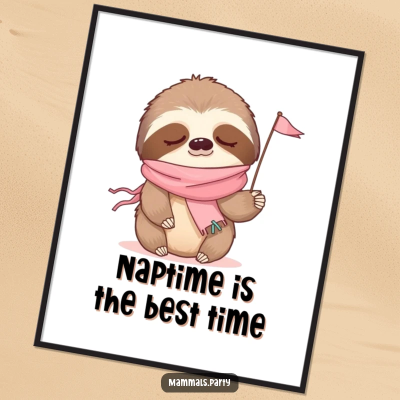 Funny Free Printable Wall Art: Sleepy sloth draped in party streamers, holding a tiny flag, offers a calm, humorous statement.