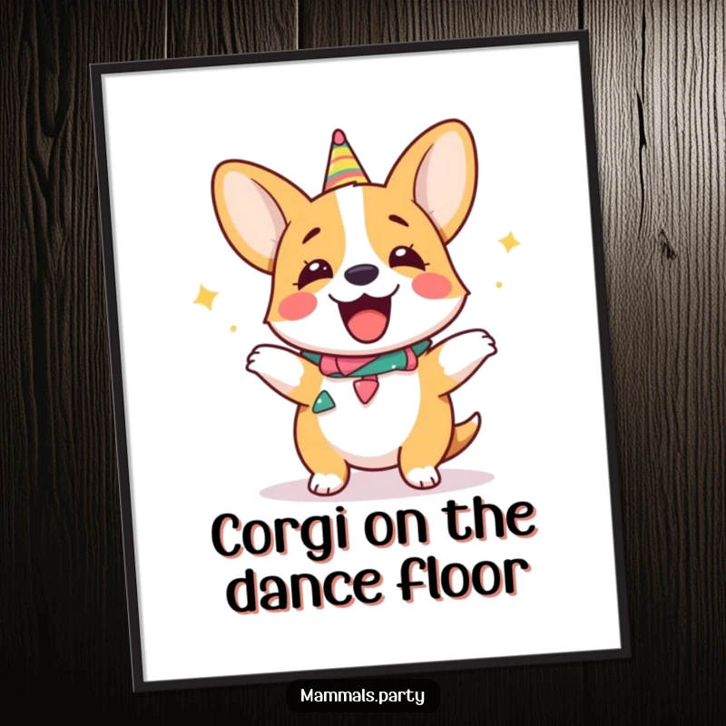 Funny Free Printable Wall Art: Giggling corgi character wearing a party collar doing a silly dance, joyful and humorous decor.