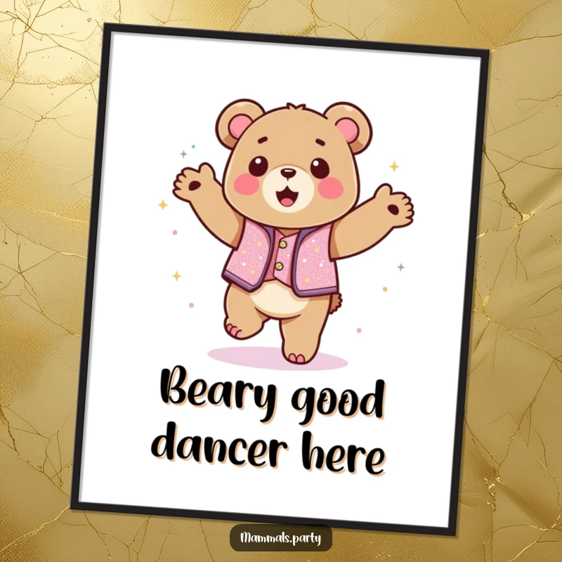Funny Free Printable Wall Art: A Kawaii bear dons a sparkly vest and dances with unrestrained, happy abandon.