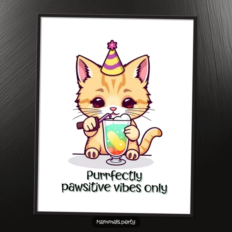 Funny Free Printable Wall Art: A Kawaii cat wearing a party hat joyfully attempts to mix a brightly colored beverage.