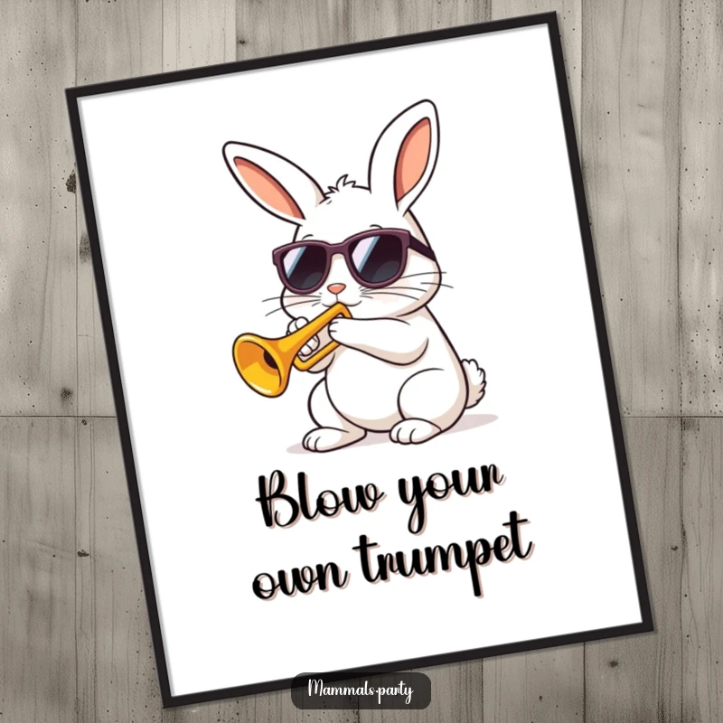 Funny Free Printable Wall Art: A Kawaii rabbit sporting sunglasses plays a small trumpet with musical passion.