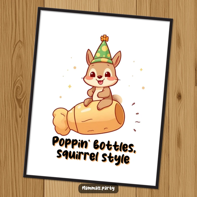 Funny Free Printable Wall Art: Gleeful squirrel character wearing a festive hat riding a giant champagne cork, whimsical celebration decor.