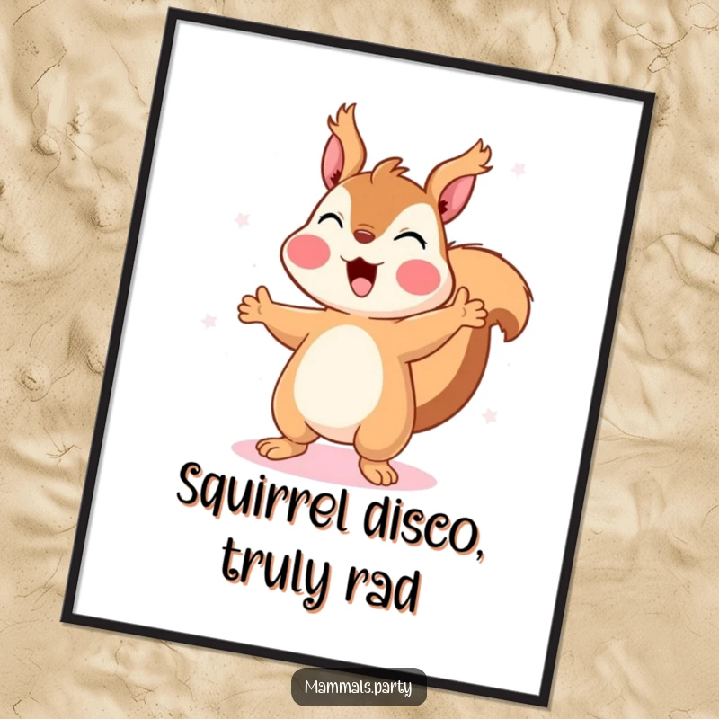 Funny Free Printable Wall Art of a happy squirrel dancing with wild abandon under disco lights.