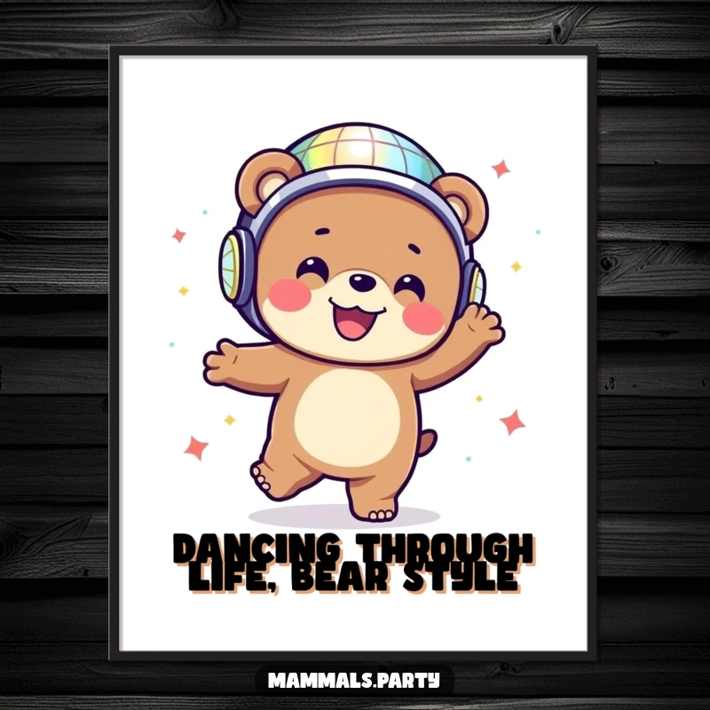 Funny Free Printable Wall Art: Happy Bear in Disco Helmet Dancing Energetically, Adding a Groovy Vibe.