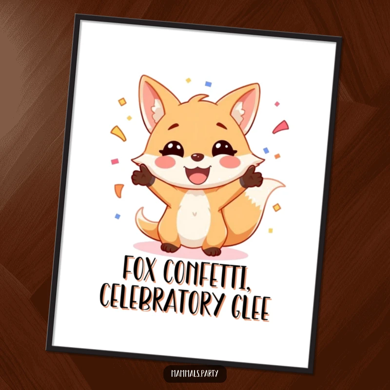 Funny Free Printable Wall Art of a smiling fox gleefully juggling a vibrant explosion of confetti.