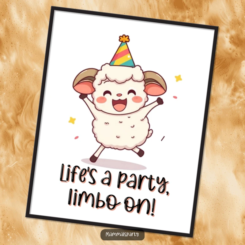 Funny Free Printable Wall Art: Determined sheep wearing party hat, mid-limbo, bringing playful energy to downloadable decor.