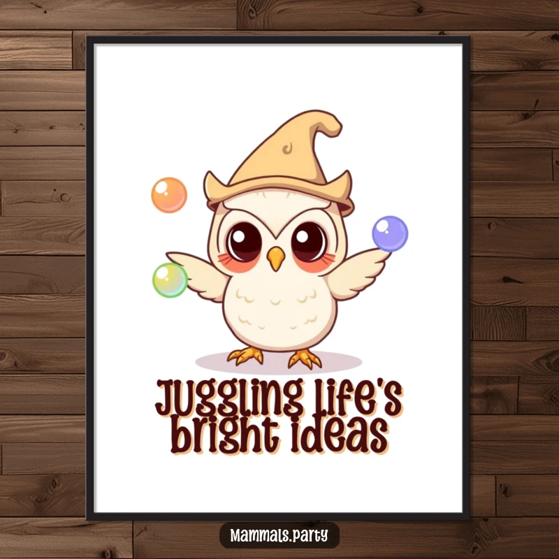 Funny Free Printable Wall Art: A curious owl in a silly hat skillfully juggles glowing orbs, creating a magical display.