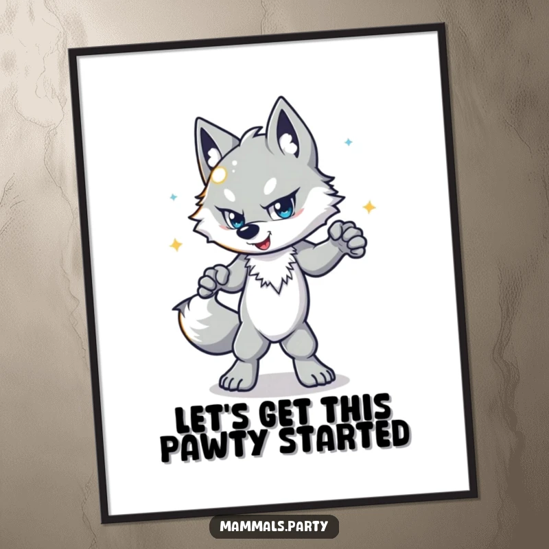 Funny free printable wall art of a determined wolf character passionately disco dancing with a shiny ball, a vibrant digital download.