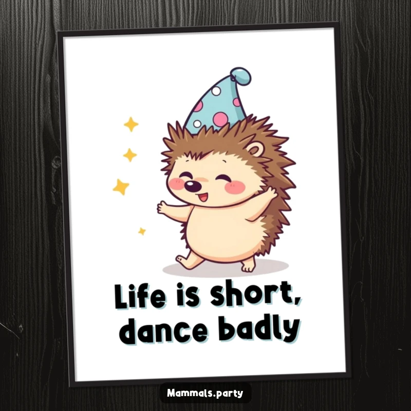 Funny Free Printable Wall Art: A kawaii hedgehog sporting a silly hat, attempting a hilariously clumsy dance. Whimsical downloadable.