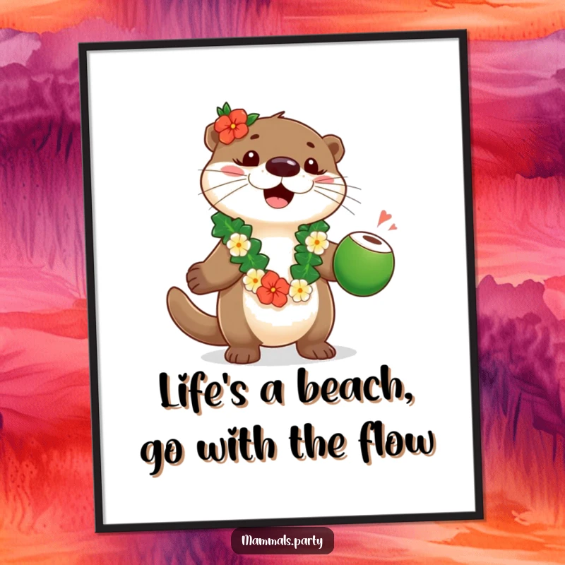 Funny Free Printable Wall Art of a playful otter wearing a lei, energetically juggling coconuts, bringing tropical party vibes.