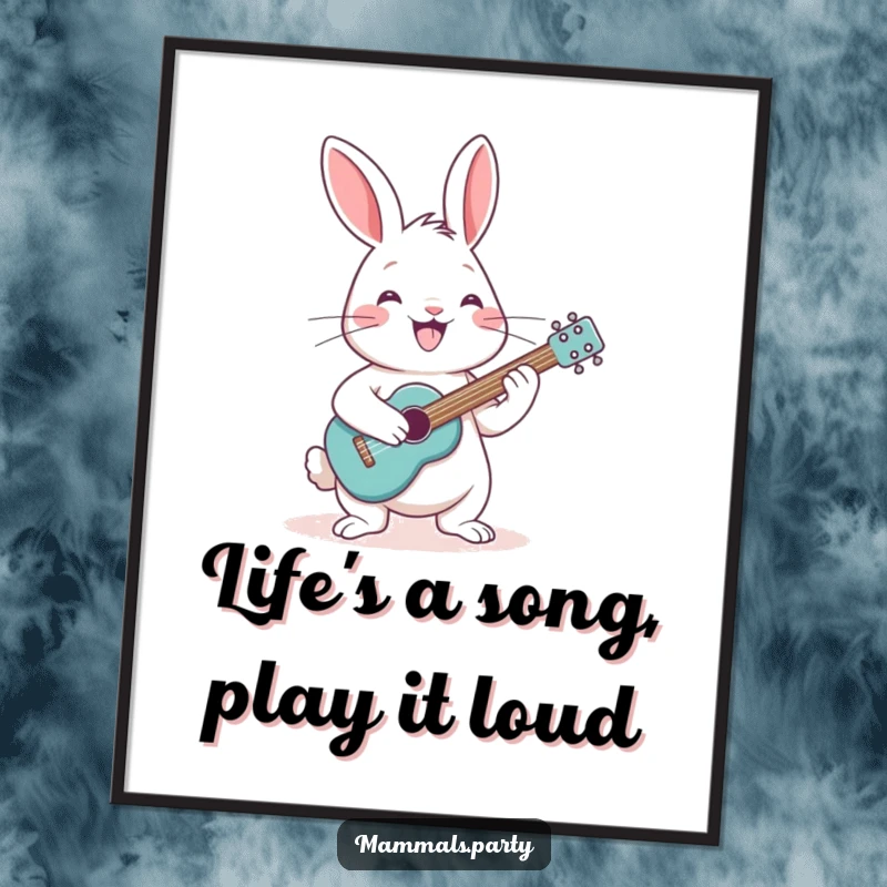 Funny Free Printable Wall Art of a cheerful rabbit with a big grin, strumming a tiny guitar, radiating musical joy.