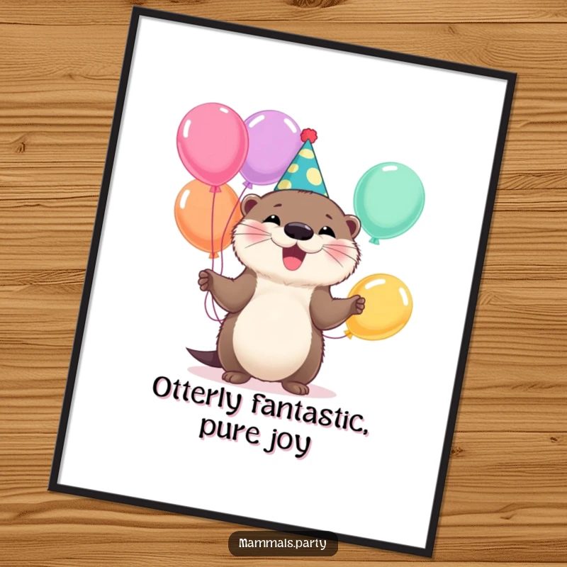 Funny Free Printable Wall Art: Otter in a party hat, joyfully juggling colorful balloons with a big, happy smile.