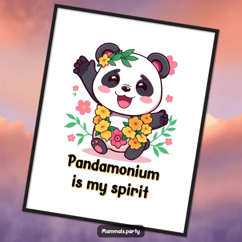 Funny Free Printable Panda Wall Art with a festive lei, swaying happily to music, downloadable art.
