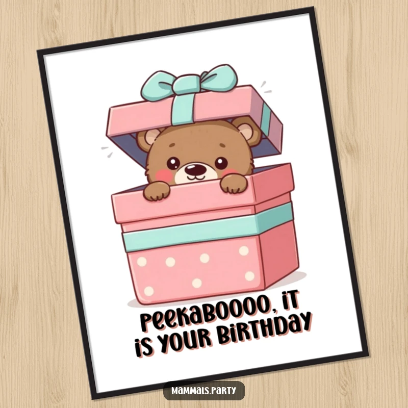 Funny Free Printable Wall Art: Curious bear cub peeking out from a giant gift box, adding a playful and humorous touch.
