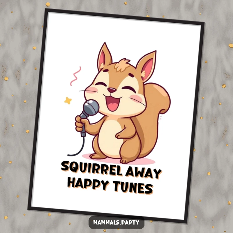 Funny Free Printable Wall Art: A delighted squirrel passionately sings karaoke into a tiny microphone, radiating pure musical joy.
