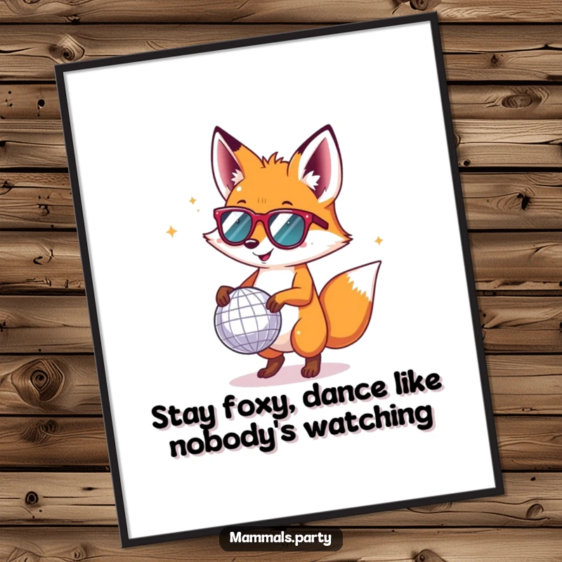 Funny Free Printable Wall Art of a happy fox wearing tiny sunglasses, grooving with a disco ball, radiating pure party energy.