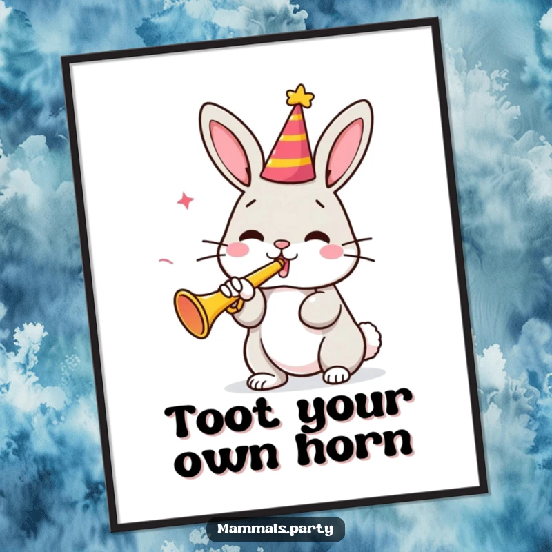 Funny Free Printable Wall Art of a cute bunny in a party hat blowing a tiny trumpet, radiating pure joy.