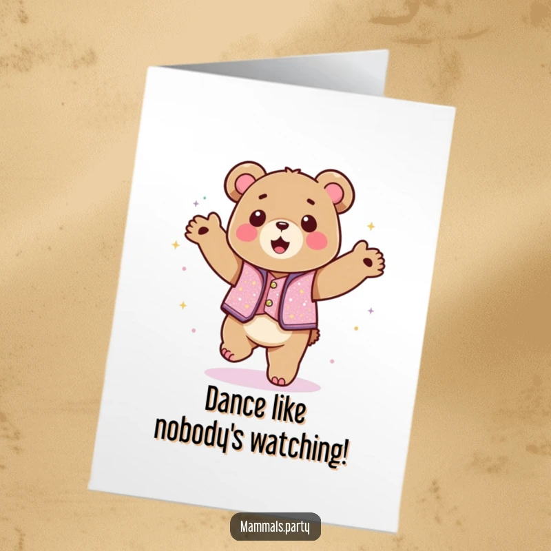 Funny Free Printable Birthday Card: A Kawaii bear in a sparkly vest dances wildly with pure joy.