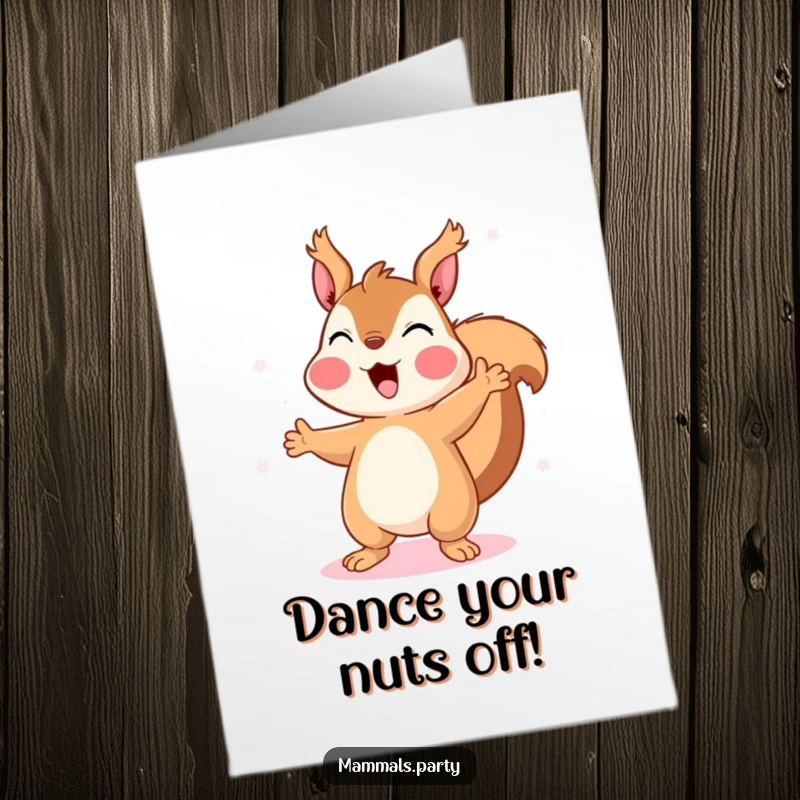 Funny Free Printable Birthday Card featuring a happy squirrel gleefully dancing under vibrant disco lights.