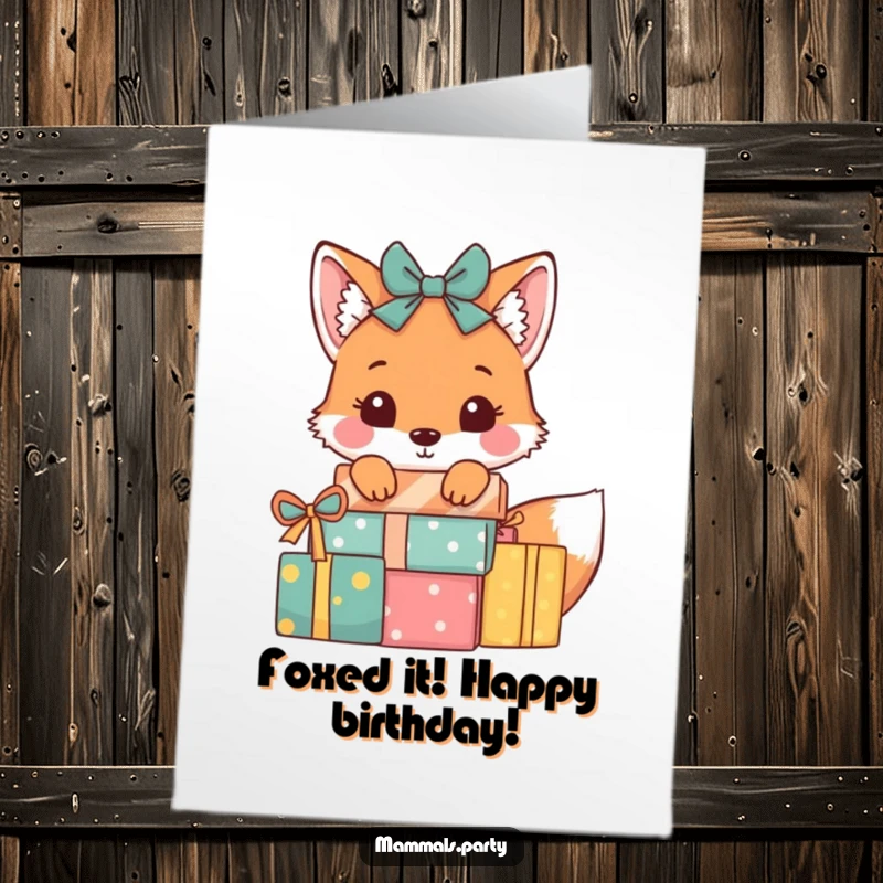 Funny Free Printable Birthday Card: Playful fox peeks from behind wrapped presents with a mischievous expression.