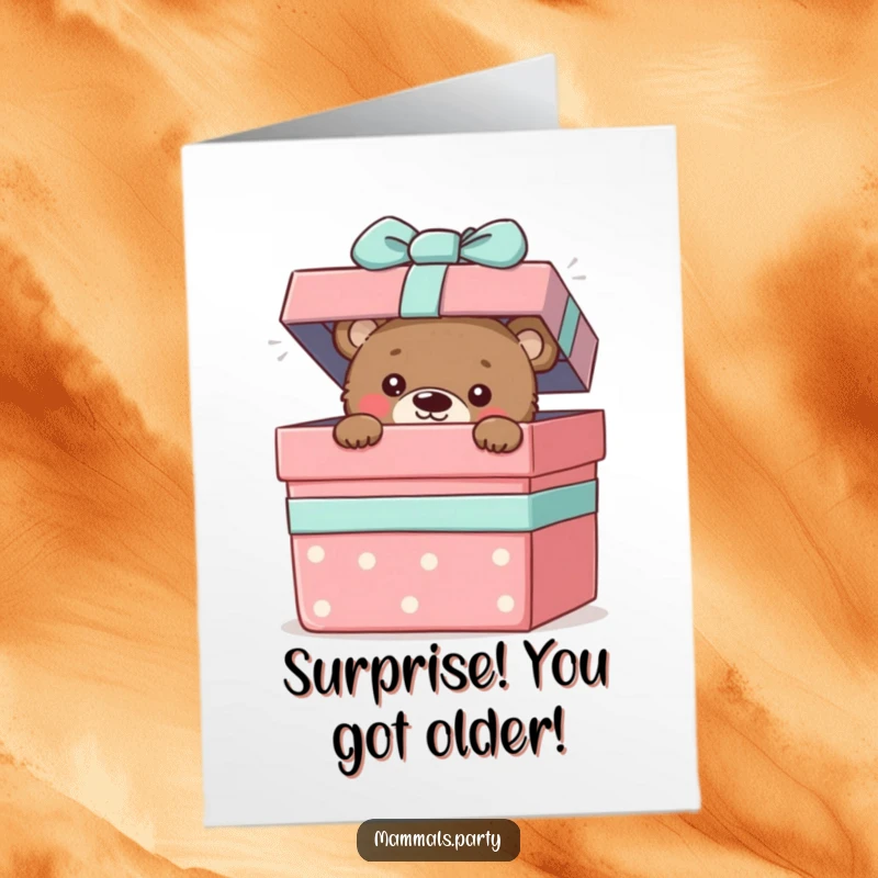 Funny Free Printable Birthday Card: Curious bear cub peeking from a giant gift box, anticipating birthday fun with delight.