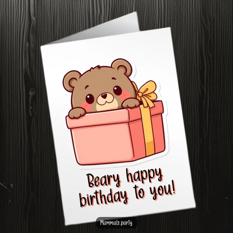 Funny Free Printable Birthday Card showing a curious bear character excitedly peeking from behind a huge gift box.