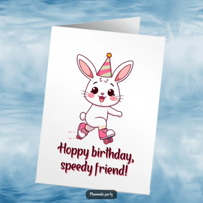 Funny Free Printable Birthday Card featuring a cheerful bunny in a party hat, speeding on roller skates.