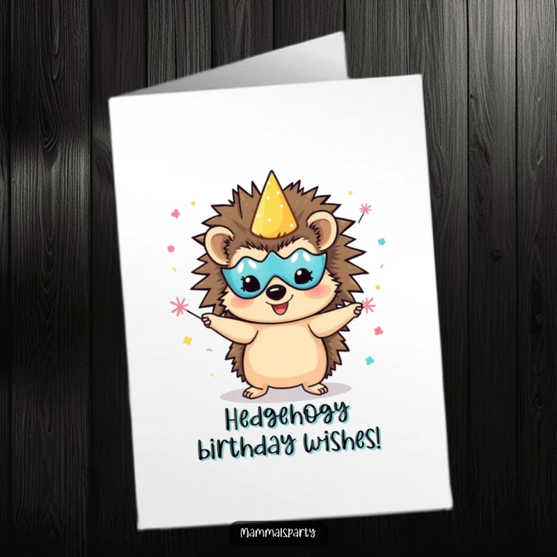 Funny Free Printable Birthday Card: Delighted hedgehog wearing a party mask juggling tiny confetti poppers, festive birthday surprise, downloadable gift.