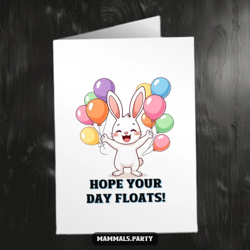 Funny Free Printable Birthday Card: a happy bunny skillfully juggling many colorful balloons, embodying pure joy.