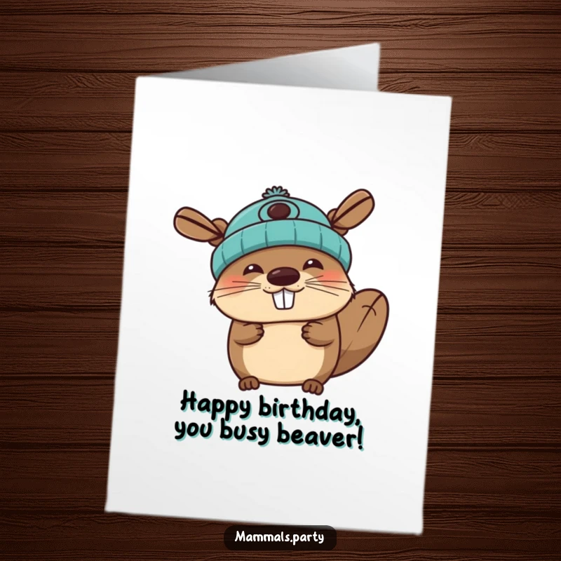 Funny free printable birthday card featuring a joyous beaver character happily wearing a propeller beanie, ready to be printed and gifted.