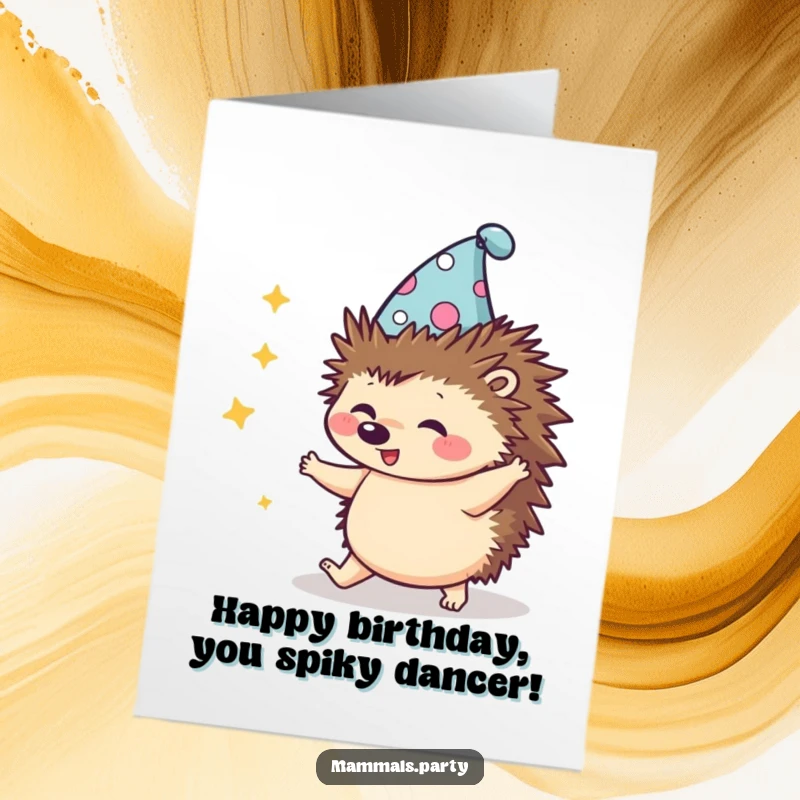 Funny Free Printable Birthday Card: A kawaii hedgehog in a silly hat, attempting a comically clumsy dance. Instant downloadable fun.