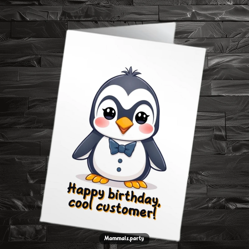 Funny free printable birthday card featuring an energetic penguin character dressed in a tiny, sharp tuxedo, ready for a celebration.