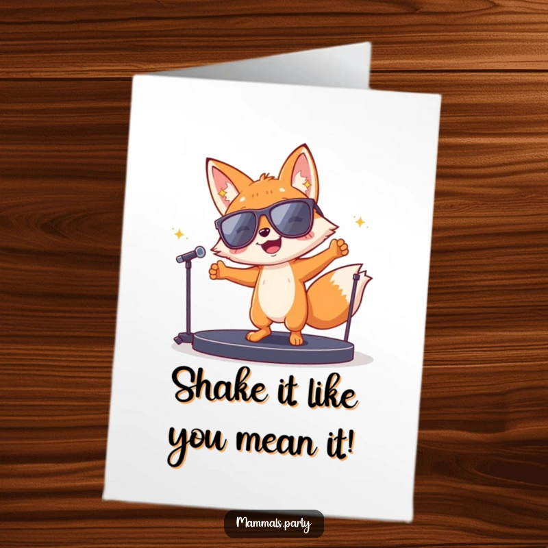 Funny Free Printable Birthday Card: A joyful fox in big sunglasses busts a move on a tiny stage, ready to party.