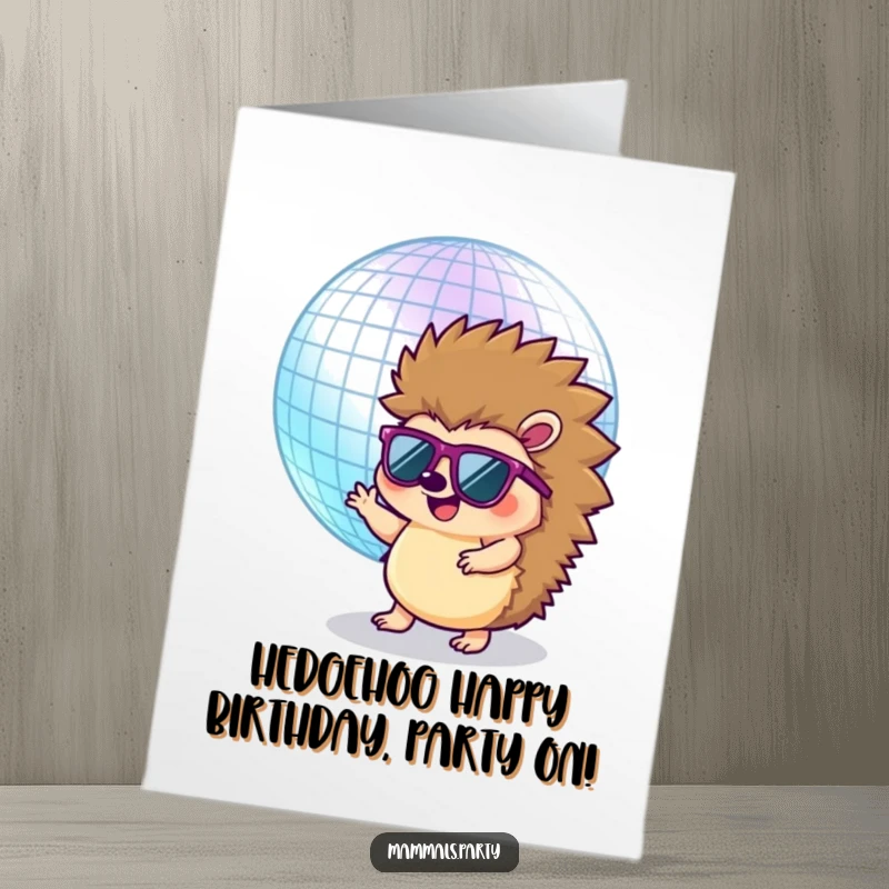 Funny Free Printable Birthday Card: Round hedgehog in sunglasses playfully dances with a giant disco ball.