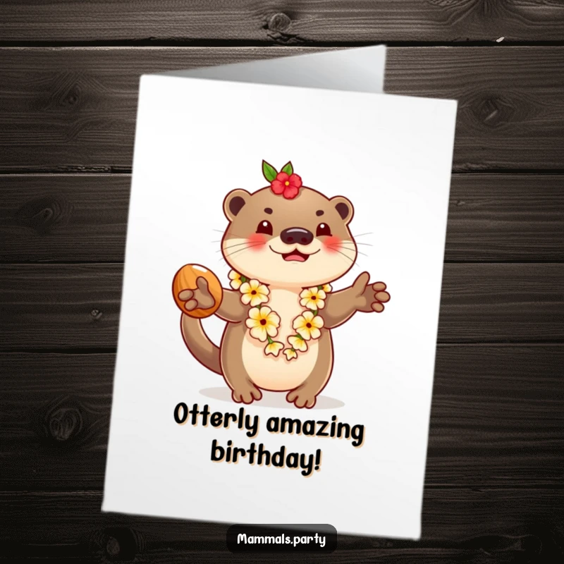 Funny Free Printable Birthday Card: Playful otter in a lei, expertly juggling coconuts with a happy expression.