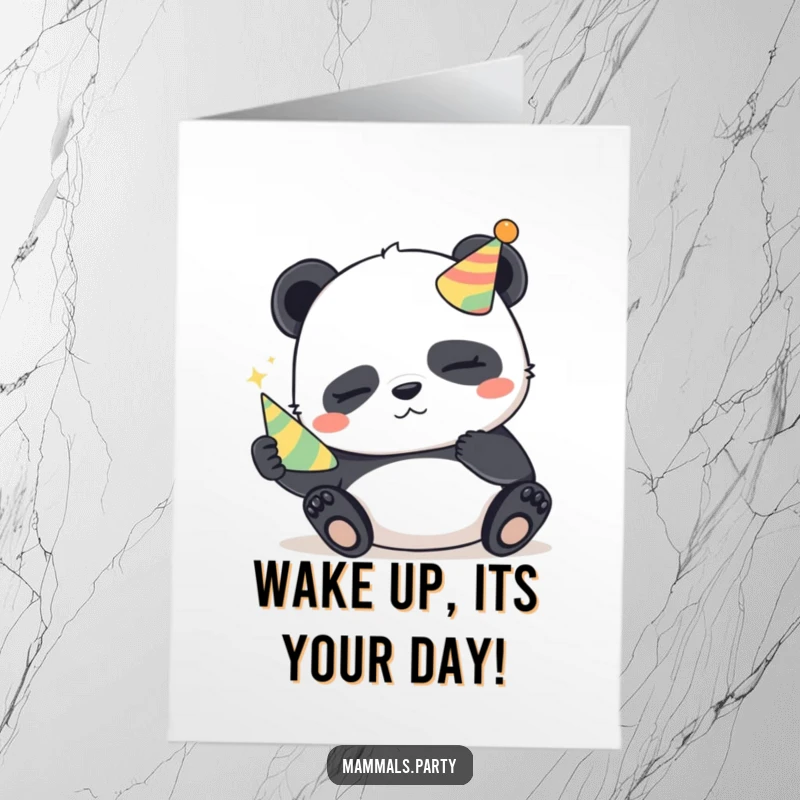 Funny Free Printable Birthday Card: Sleepy panda with mischievous eyes holds a tiny party horn, ready for fun.