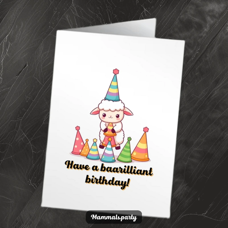Funny Free Printable Birthday Card: A cute kawaii sheep struggles hilariously to balance a wobbly tower of party hats.
