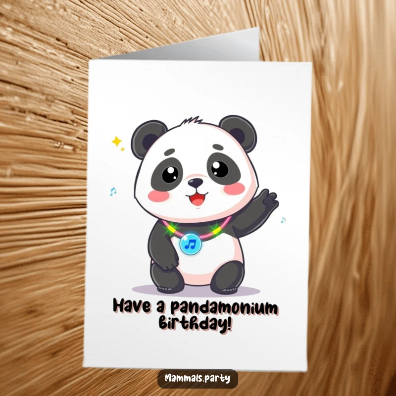Funny Free Printable Birthday Card: A kawaii panda with a flashing necklace, bopping energetically to music. Instant downloadable fun.