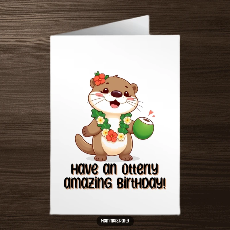 Funny Free Printable Birthday Card showing a playful otter in a lei, skillfully juggling coconuts, bringing island party energy.