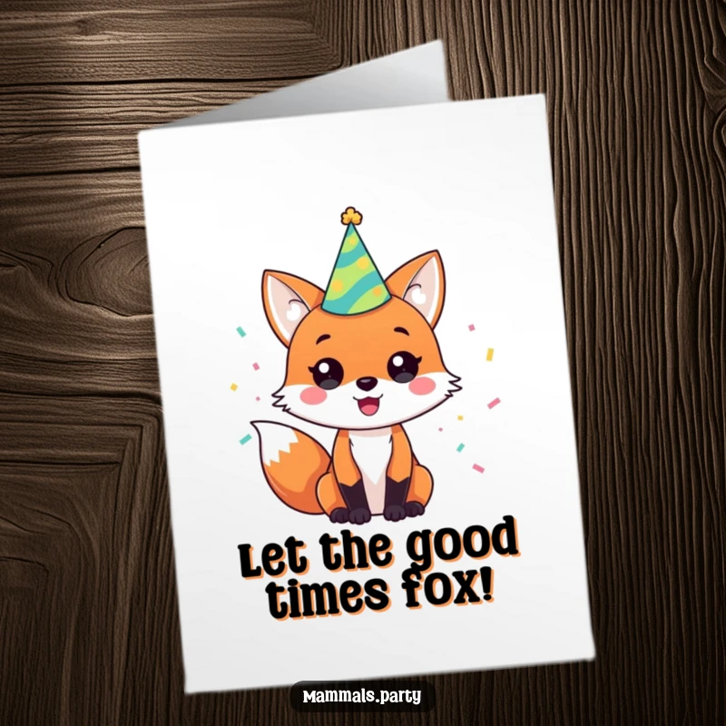 Funny Free Printable Birthday Card: A happy fox wearing a party hat and covered in confetti, excitedly wishing a happy birthday.
