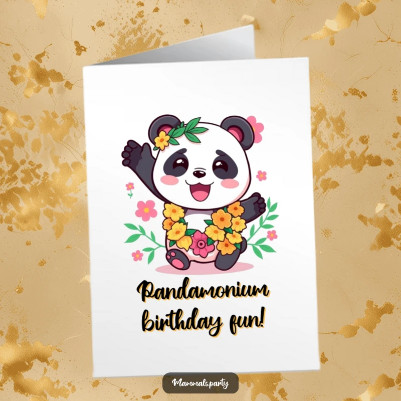 Funny Free Printable Panda Birthday Card wearing a festive lei, swaying happily to music, downloadable art.