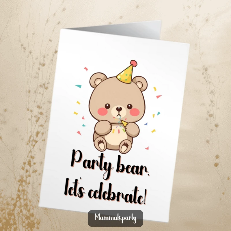 Funny Free Printable Birthday Card: A cute bear in a party hat blows a confetti popper, showering everyone with joy.