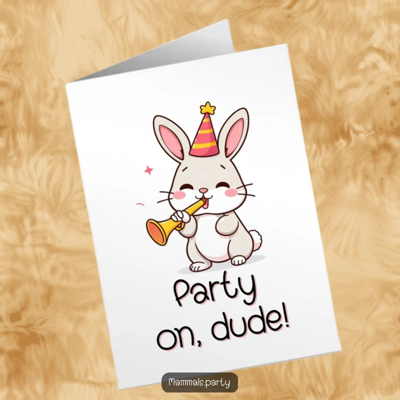 Funny Free Printable Birthday Card featuring a cute bunny in a party hat blowing a tiny trumpet with glee.